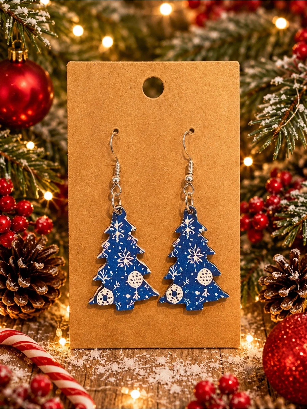 *Buy Now* Blue Christmas Tree Wooden Earrings
